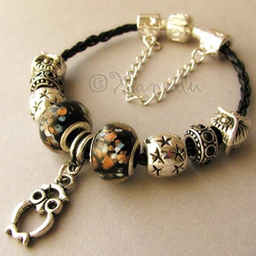 Night Owl European Style Charm Bracelet - Black Brown Glass And Silver Owl Beads