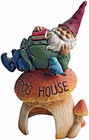 Whimsical Gnome on Mushroom Frog or Toad House Garden Sculpture