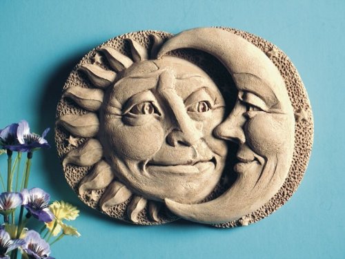 Cast Stone Celestial Attraction - Sun, Moon Plaque - Collectible Indoor Outdoor Concrete Sculpture