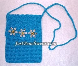 Crocheted Toyo Bag with Cowry Shell Flowers, Turquoise