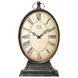 Wilco Imports Large Oval Metal Table Clock with Large Roman Numerals and a Distressed Antique Finish