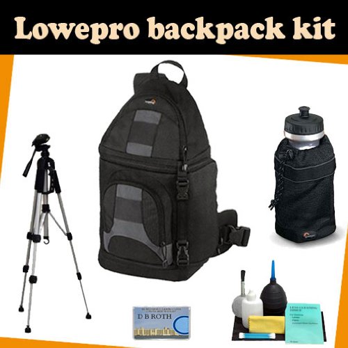 LowePro Backpack kit which includes the Lowepro Slingshot 200 All Weather Backpack (Black) + TR-60N Camera Tripod + Lowepro Mesh Water Bottle Bag for 32oz. Size Bottles + Camera lens Cleaning kit + DB ROTH Micro Fiber Cloth.