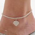 Rhinestone Stretch Anklet Bracelet Heart Charm Austrian Crystal Ankle Clear