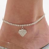 Rhinestone Stretch Anklet Bracelet Heart Charm Austrian Crystal Ankle Clear