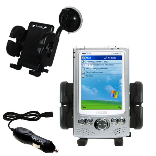 Flexible Auto Windshield Holder with Car Charger for the Asus MyPal A620BT - uses Gomadic TipExchange Technology
