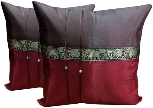 (DOUBLE) 2 BEAUTIFUL SMALL ELEPHANT THROW CUSHION COVER/PILLOW CASE HANDMADE BY THAI SILK AND COTTON FOR DECORATIVE SOFA, CAR AND LIVING ROOM SIZE 16 X 16 INCHES