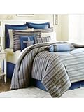 IMAGE OF 9Pc Cape Stripe Comforter Ensemble with 1 comforter, 1 bedskirt, 2 shams, 2 euro shams 3 decorative pillows - King