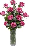 One Dozen Premium Long Stem Pink Intuition Roses with Square Cut Glass Vase