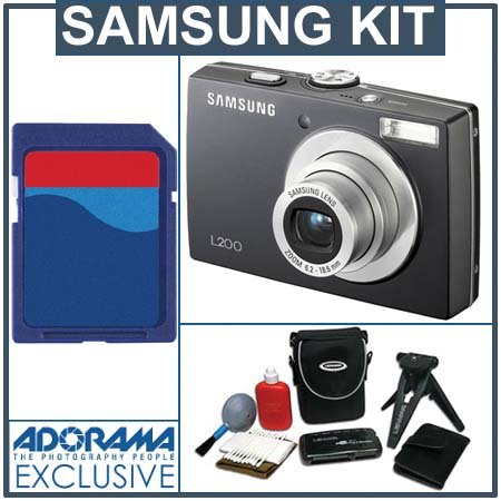 Samsung Digimax L200 Digital Camera kit, Black with 2 GB SD Memory Card, Tripod, Camera Case, Card Reader with 2.0 USB Cable ,Cleaning Kit & Media Case
