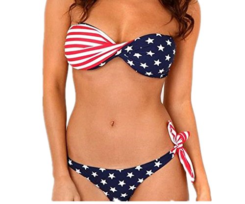 Dong Dian Women's Padded Twist Bandeau Bikini Set USA American Flag Swimsuit