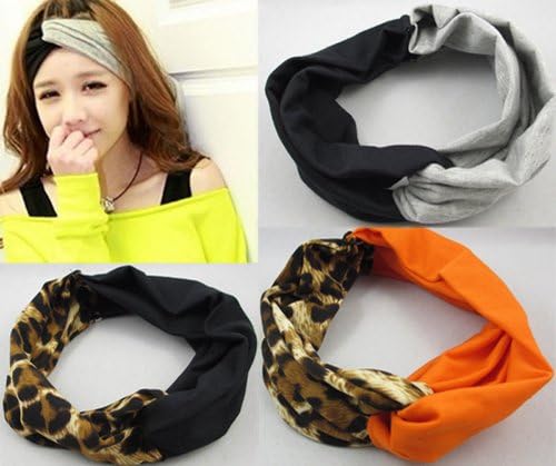 ETSYG Gray Black Leopard Twist Turban Hair band Women's Headband Stretch Tie Wrap Knot