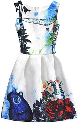 Girl's Fashion Sleeveless Floral Print Cute A Line Pleated Mini Dress White