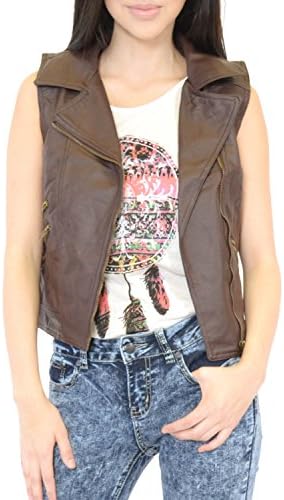 Azkara Womens Vegan Faux Leather Zip up Moto Biker Vest (Large, J659LTH_BROWN)