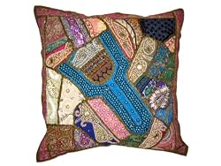 Exotic Sari Patchwork Beaded Sari Floor Pillows Cushion Cover 24"