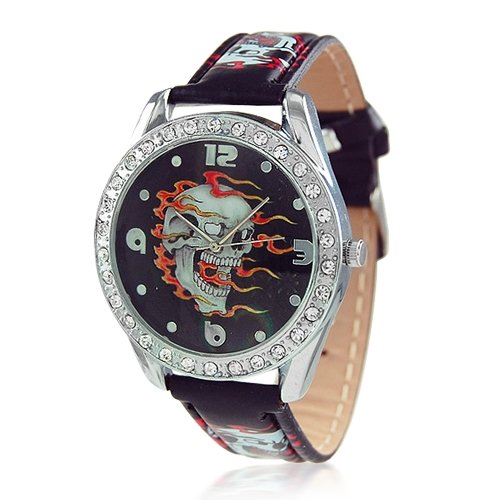 Bling Jewelry Gothic Skull in Flames Black Leather Style Watch
