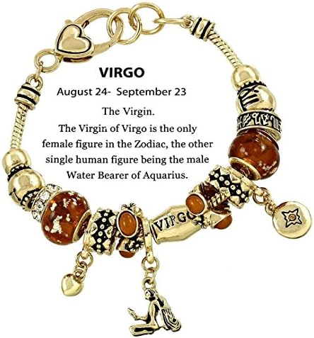 Virgo Charm Bracelet C52 Clear Crystal Amber Murano Glass Zodiac Virgin Gold Tone