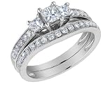 Three Stone Princess Cut Diamond Engagement Ring & Wedding Band Set 1.0 Carat (ctw) in 14K White Gold