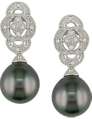 Silver Black Tahitian Pearl and Accent Diamond Earrings