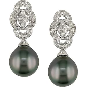 Silver Black Tahitian Pearl and Diamond Earrings