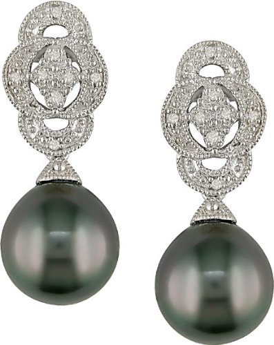 Silver Black Tahitian Pearl and Diamond Earrings