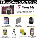 Canon Powershot SX200 IS 12.1 MP Digital Camera (Red) With 8GB Powershot Plus Accessory Kit Includes 8GB Memory, Spare Battery, Carrying Case, Mini Tripod + More