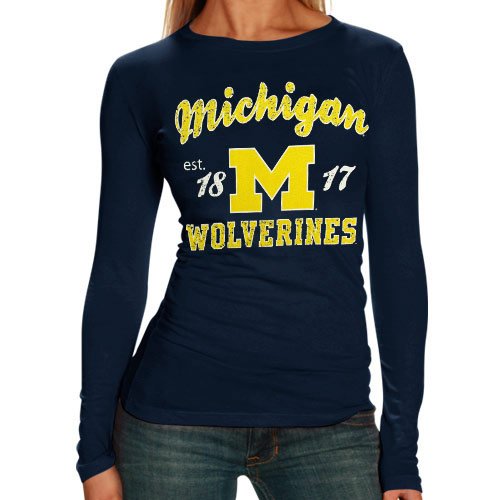 NCAA Michigan Wolverines Ladies Navy Blue Distressed University Long Sleeve Tissue T-shirt