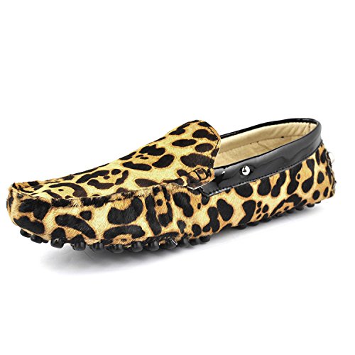 Fulinken Leopard Haircalf Leather Men's Comfort Slip Ons Loafers Driving Shoes