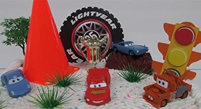 Disney CARS 10 Piece Birthday Cake Topper Set Featuring Lightning Mcqueen, Mater, Sally and Finn Mcmissle, Themed Decorative Accessories, Figures Average 2.5" Long to 1" Tall