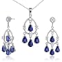 Celebrity Inspired Pear Checkerboard Shape Created Blue Sapphire Pendant Earrings Set in Sterling Silver