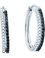 14K White Gold 0.51CT Black & White Round Cut Diamond Fashion Hoops