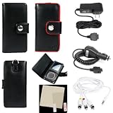 PCMICROSTORE Brand 4n1 Combo Kit for Microsoft Zune 4gb 8gb Premium Leather Wallet Case with LCD Screen Shield Protector - Bundled with 12v Rapid Premium Car Charger - Home Travel Wall AC Adapter Charger - AV Audio Video Cable - 5 Color Choices