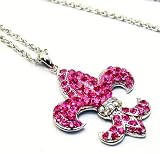 Beautiful Large 2 1/2 HOT Pink Crystal Fleur De Lis Charm Necklace X-Long 30 Rope Chain ~ Silver Tone Comes Gift Boxed
