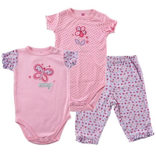 Hudson Baby Butterfly Garden 2 Bodysuits and Pants - Pink, 6-9 Months