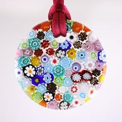 Handmade Multi-Color Millefiori Murano Glass Pendant - Daisy with Red Cord