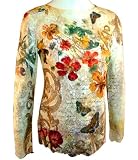 Amore Couture Long Sleeve, Scoop Neck, Floral Printed Nylon Top With Swarovski Crystals - Ivory