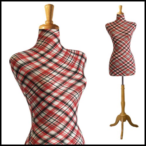 NEW FEMALE DECORATIVE DRESS FORM MANNEQUIN PRINT FABRIC PLAID RED/BLK WHITE BASE