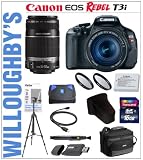 Canon EOS Rebel T3i 18 MP CMOS Digital SLR Camera with EF-S 18-55mm IS II Lens Kit + Canon EF-S 55-250mm IS Telephoto Zoom Lens + Transcend 16GB SDHC Class10 Memory Card + Sunpak 6600DX Digital Tripod + Canon LPE8 Spare Battery + Deluxe Camera Bag & Much More! Willoughby’s Est. 1898 Double Lens Amateur Photographers Incentive Bundle