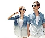 (ノーブランド)ペアルック 男女兼用 青春 ブラウス デニム風 ブラウス カップル シャツ お揃い ペアシャツ デニム風 お揃いペア 大人 上品 夏 旅行 (M)