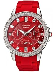 Casio Womens Sheen SHE3023-4A Red Resin Analog Quartz Watch with Silver Dial