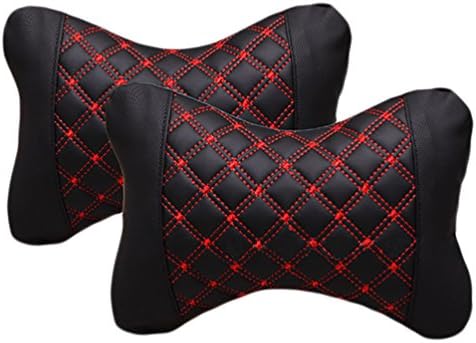 Luckmagic 2 Pcs Car Neck Support Pillow PU Leather Auto Neck Rest Cushion Head Rest Pillow (Red)