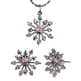Sparkling Pink Sapphire Cubic Zirconia Snowflake Platinium Overlay CAREFREE Sterling Silver Pendant Necklace and Stud Earrings Set