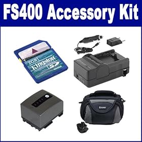 Canon FS400 Camcorder Accessory Kit includes: SDM-1503 Charger, KSD2GB Memory Card, SDC-26 Case, SDBP808 Battery