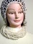 Sn101, Hand Crocheted White Ivory Gimp Large Snood Trimmed with Fire Polished Golden Beads for Women in Combination with Sterling Silver Long Chain Necklace with Twelve Strand Cultured Graduated Ivory Pearl Necklace and Earrings