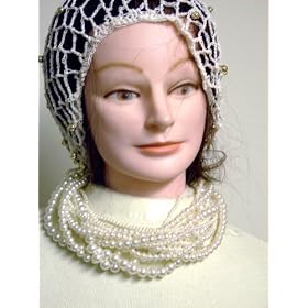 Sn101, Hand Crocheted White Ivory Gimp Large Snood Trimmed with Fire Polished Golden Beads for...