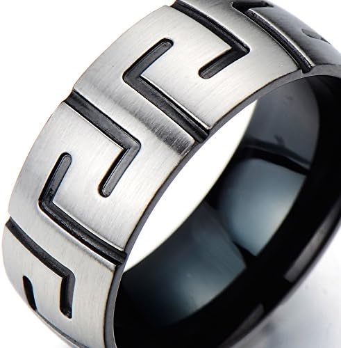 Stainless Steel Man's Ring with Greek Key Pattern Silver and Black Two-tone Satin Finishing (12a)