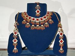 Jewelry for Womens-fashion Jewelry Necklace Set and Earring in Antique Silver Finish and Red Color Stones 4pc Set (Brand New) Free Shipping