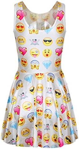 Women's Emoji Cartoon Printed Digital Stretch Flare Pleated Skater Dress