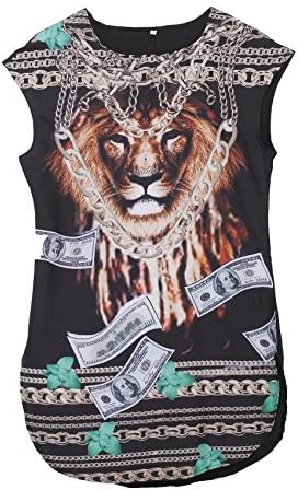 Women Sleeveless Printing Party Dress Summer Beach Short Mini Dress Black Size L