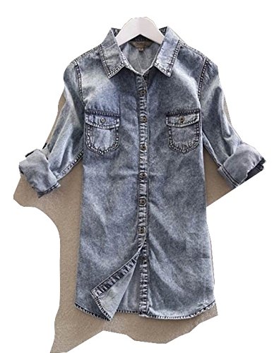 Sta.ANA(サンタ・アナ)  洗い加工風 スリム デニムシャツ レディース M L