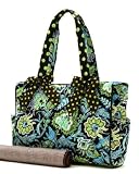 Quilted Flower Paisley Diaper Bag with Changing Pad - Blue, Green, Brown (15x10x5.5)